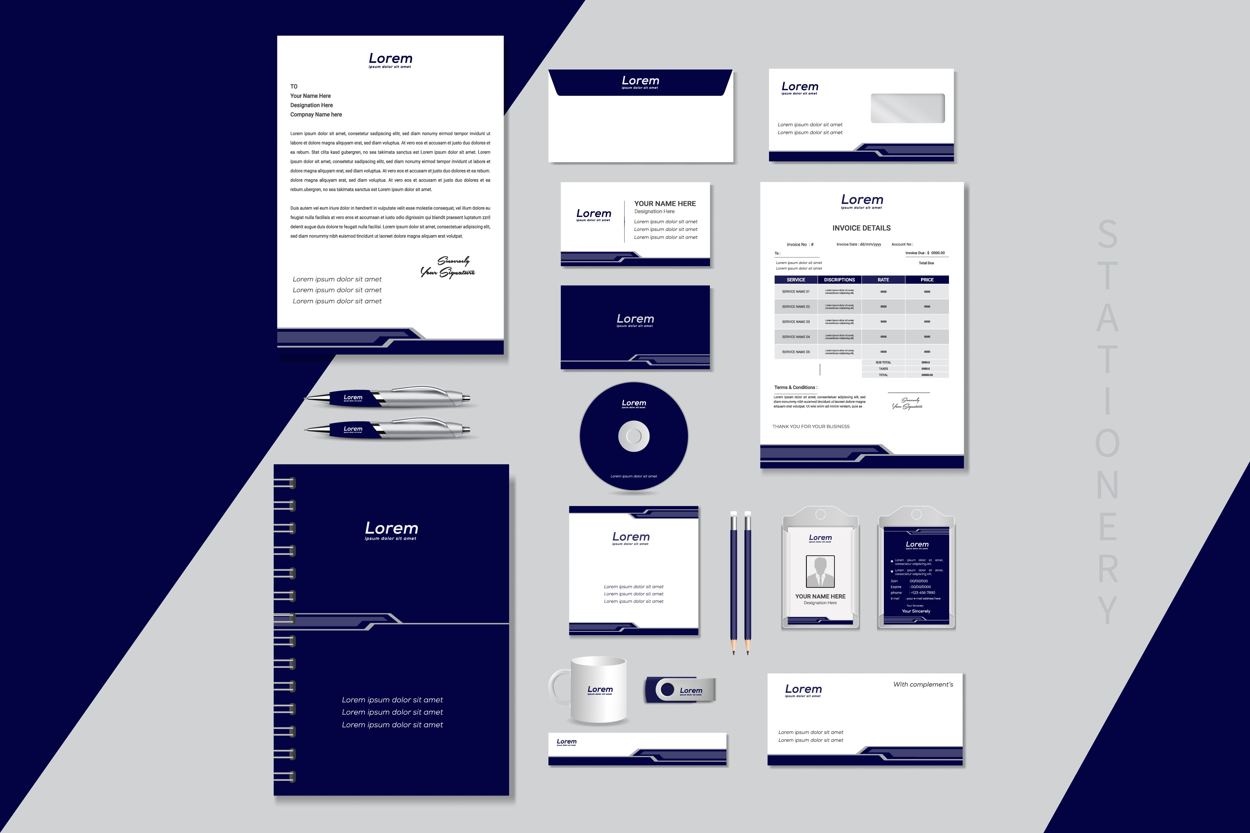 A comprehensive brand identity presentation featuring a logo, business cards, letterhead, and website mockups, all consistent in style.